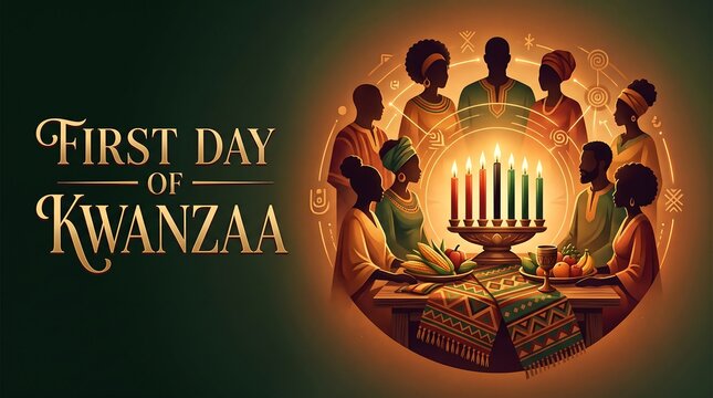 First Day of Kwanzaa Celebration Illustration with African American Family and Kinara Candles