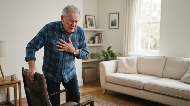 Elderly man standing in living room holding chest in pain. Senior male experiencing sudden heart attack symptoms at home
