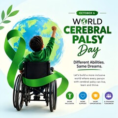 Fototapeta premium Child in wheelchair raising hand on world cerebral palsy day