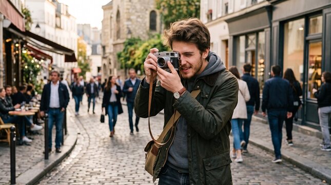 Young man with vintage camera taking photos on a cobblestone street in Paris