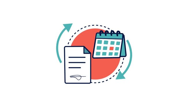 Contract Renewal With Calendar And Signed Document Animation with Circular Arrows. Flat Design Concept Of Agreement Extension, Subscription Renewal, And Deadline Management.