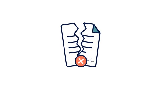 Contract Termination Animation with A Torn Signed Document And An Orange Cross Symbol On A White Background. Flat Design Concept Of Agreement Cancellation, Business Separation, And Discontinuation.