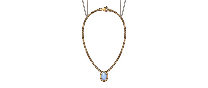 Gold necklace, jewelry and pendant with gemstone for fashion, accessory and luxury gift. Elegant chain, blue stone and precious metal on white background for beauty, wedding and engagement style deco