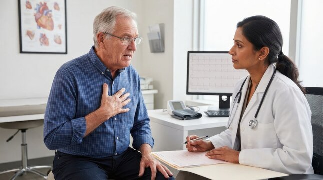 Senior man with arrhythmia discussing heart condition with female cardiologist. Cardiology consultation in clinic