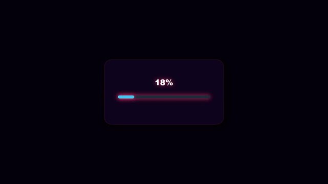 Glow neon loading progress bar animation reaching 100 percent on digital interface display with vibrant cyan and red light trails on dark background.