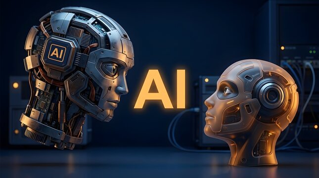 Artificial intelligence robot, machine learning and humanoid heads for technology, digital innovation and future science. Cybernetic, engineering and mechanical parts with automation and computing sy
