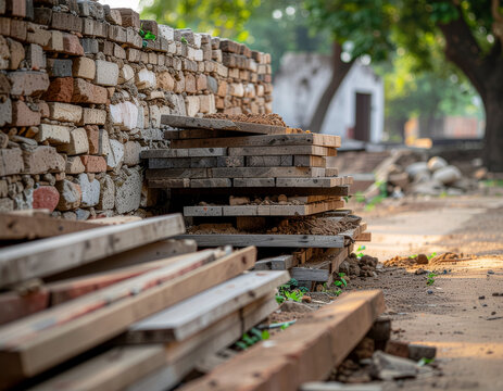 ground-level view of reclaimed wooden boards and timber formwork stacked against a textured weathered brick wall along a dirt path during outdoor building renovation