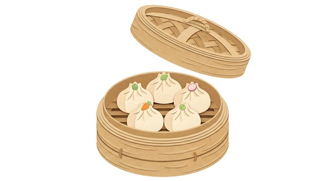 Dim sum, dumplings and bamboo steamer for asian cuisine, chinese food and restaurant menu. Baozi, xiaolongbao and steamed buns with isolated background for marketing, advertising and cooking tips