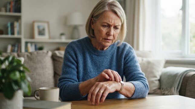 Senior woman arrhythmia symptoms checking pulse on smartwatch at home. Elderly female experiencing irregular heartbeat monitoring wrist