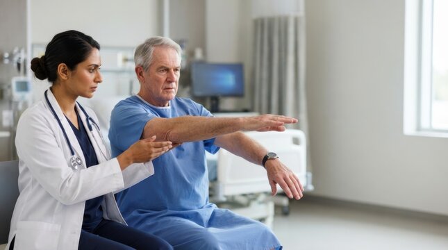 Senior stroke neurological arm examination in hospital. Doctor checking elderly male patient muscle weakness and motor function
