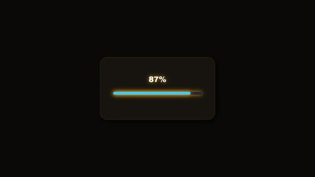 Glowing blue horizontal progress bar filling up steadily with digital percentage counter increasing on dark minimalist interface background loop.