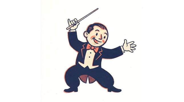 Music conductor orchestra leader with baton for performance, classical concert and stage show. Professional, tuxedo and retro cartoon with direction, entertainment and art in vintage styling theme.
