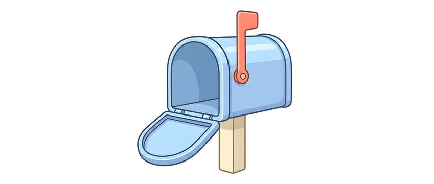 Mailbox, blue and postal with open door on white background for communication, delivery and mail service. Metal, flag and letter with correspondence, news and advertising in home with message alert