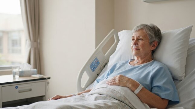 Senior woman hospitalized in a hospital bed with nasal cannula. Elderly female patient recovering in medical ward