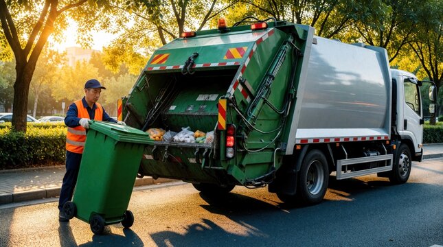 Garbage collector in orange safety vest loads green plastic bin into refuse truck. Sanitation worker performs waste disposal service on city street at sunset. Municipal worker handles recycling,