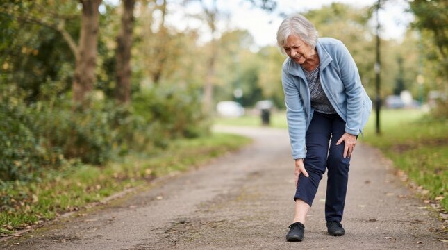 Senior woman experiencing leg pain and poor circulation while walking in a park. Elderly female holding painful calf outdoors