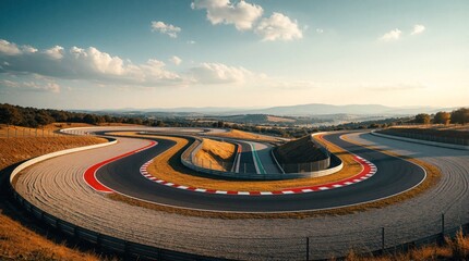 Fototapeta premium Panoramic view of empty Formula 1 racing circuit under blue sky. Winding asphalt track with red, white curbs curves through scenic landscape. Professional motorsport course features smooth surface,