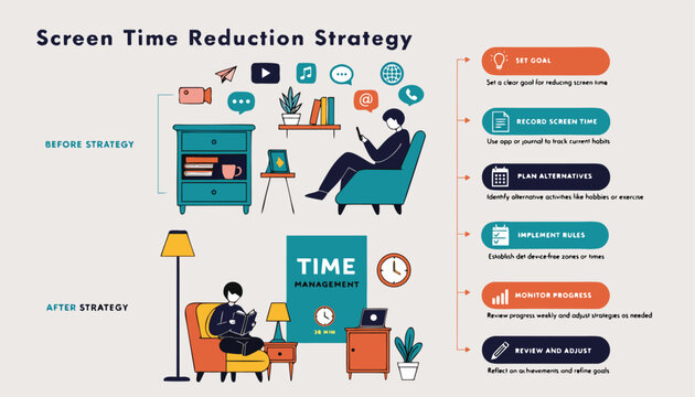 Screen time reduction strategy vector infographic layout showcasing lifestyle changes and modern digital habits management tips
