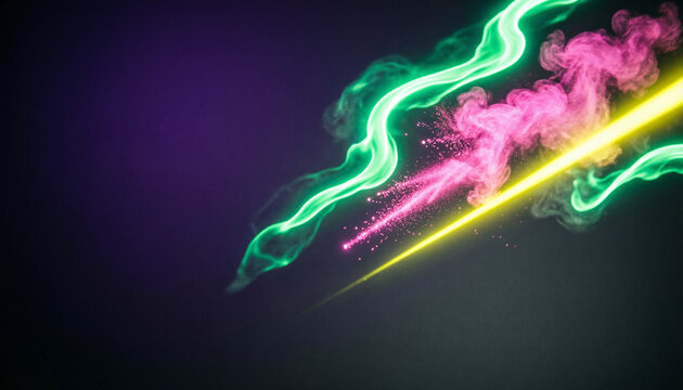 Fondo abstracto futurista con estelas de luz ne&oacute;n verde, rosa y amarillo sobre fondo oscuro.