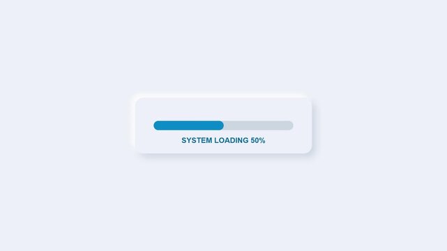 Smooth horizontal blue progress bar filling a neumorphic loading card while system loading percentage text increments on a clean white background.