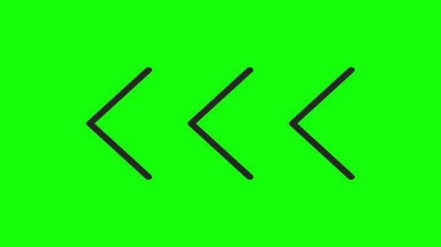 Animated triple left arrow icon, a dynamic green screen element for video editing. Modern digital interface symbol, ideal for navigation, direction, or rewind indicators.