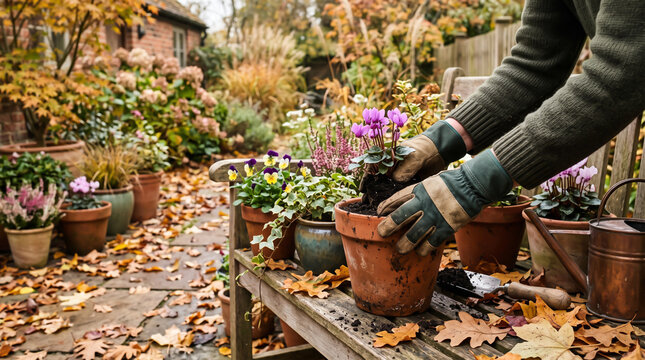 Gardener planting autumn flowers in a backyard garden seasonal horticulture