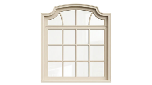 Elegant beige arched window with a classic grid pattern, isolated on transparent background