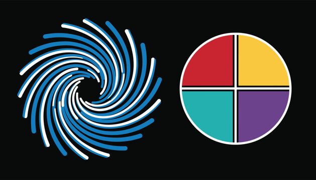 Abstract design elements featuring a blue and white spiral vortex next to a four-color quadrant wheel on black.