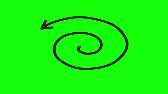 Animated hand-drawn spiral arrow, a dynamic black doodle element on a vibrant green screen, ideal for engaging explainer videos and motion graphics.