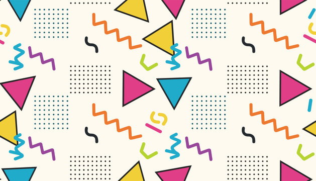 Retro nineties memphis style seamless background pattern with colorful geometric triangles zigzags and dots.