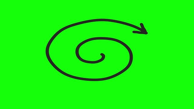 Animated hand-drawn spiral arrow, a dynamic black scribble line pointing right, perfect for engaging motion graphics and explainer videos on a vibrant green screen background