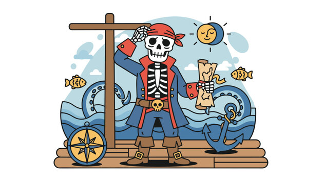 Whimsical adventure scene depicting a pirate skeleton holding a treasure map on deck with kraken tentacles.