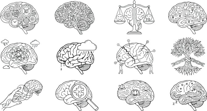 human brain psychology and mental health concepts line art black and white vector illustration isolated on white background