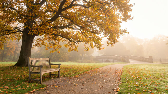 Autumnal park scene with golden leaves bench and bridge in misty landscape