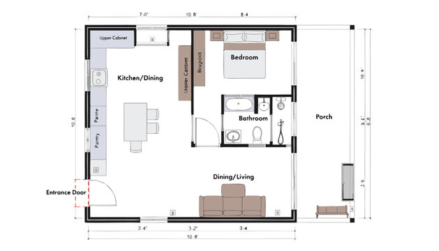 Architectural floor plan vector illustration showcasing modern small house layout with kitchen bedroom bathroom and outdoor porch