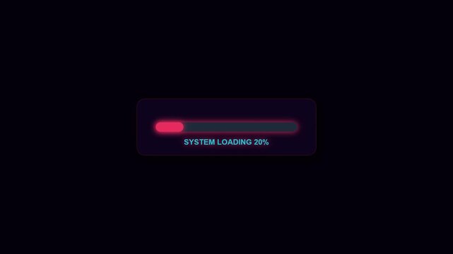 Microscopic neon particles pulsating as the red progress bar fills smoothly with a glowing digital effect on a dark high-tech interface display.