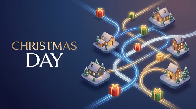 Isometric Christmas Village with Glowing Gift Delivery Network and Festive Houses Illustration