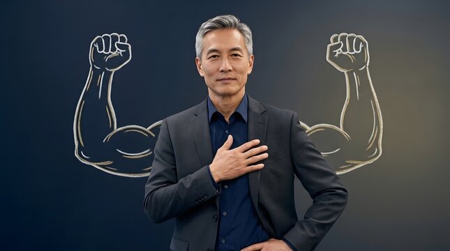 Senior Asian businessman, professional leader and inner strength with muscle drawing on wall for power, growth and confidence. Corporate executive, mental health and success for coaching careers