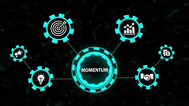 momentum business strategy infographic concept with rotating gear icon & digital technology network. digital business momentum process flow with interactive infographic gear & connected marketing icon