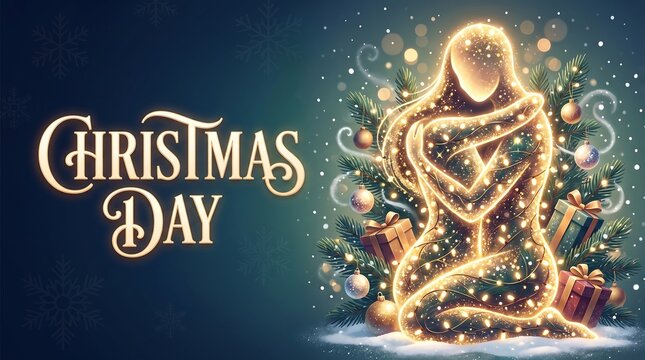 Glowing Ethereal Human Figure with Christmas Tree Gifts and Stylized Christmas Day Text Background