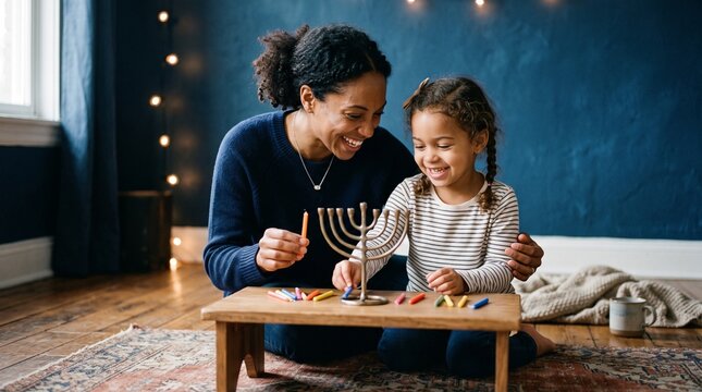 Mother and daughter happily preparing to light a menorah for Hanukkah celebration at home