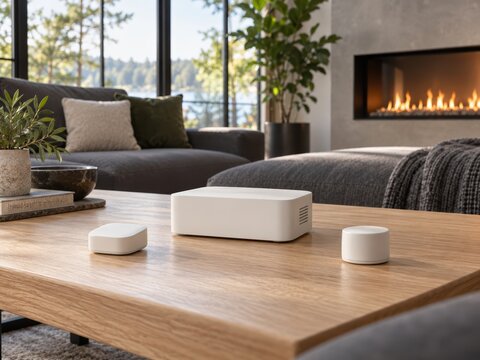 Modern Living Room with Smart Home Devices: A stylish and contemporary living room features comfortable seating, a modern fireplace with a dancing flame.