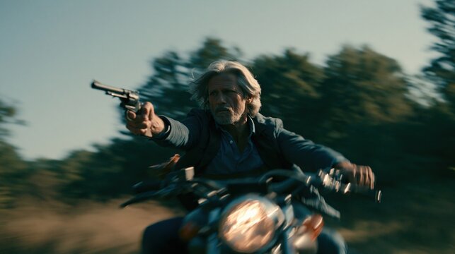 Armed gunman on motorcycle aiming pistol in cinematic action scene with dramatic tinted lighting