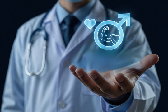 Male doctor holds glowing blue holographic icon above hand. Digital symbol shows male gender sign with muscular arm, heart. Medical pro presents testosterone hormone concept for men health, vitality,