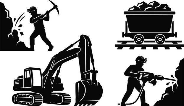 Black silhouette coal mining industry vector element set featuring miners with pickaxe and jackhammer heavy excavator digger machine and loaded rail cart