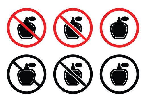 No perfume or fragrance ban vector icons collection, red and black round prohibition warning labels for scent-free environments.