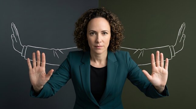 Stop, personal boundaries and business woman with protection, defense and mental health at work. Professional lady, assertive and leadership with empowerment, safety and self care for success now