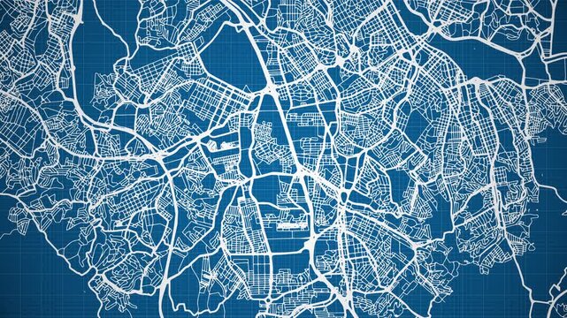 Ink reveal animation of S&atilde;o Bernardo do Campo city, S&atilde;o Paulo, Brasil (Brazil) grid map. Aerial top view. Blueprint style. White lines with blue background. 4K Seamless loop.