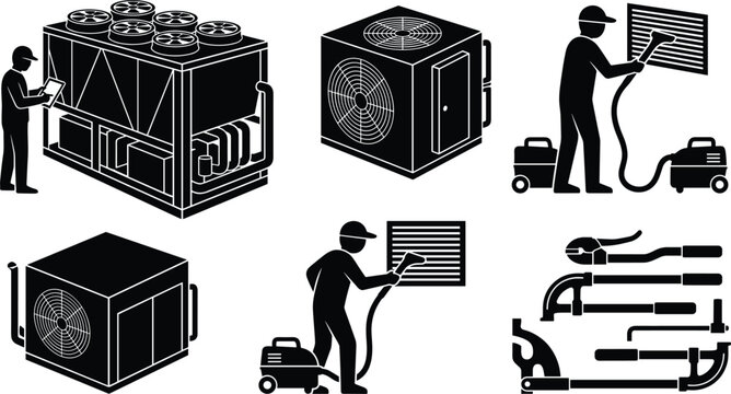 Commercial HVAC service and ventilation cleaning solid black silhouette vector element set featuring large industrial chiller units technicians and pipe wrenches
