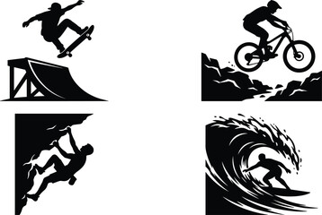 Fototapeta premium Extreme sports solid black silhouette vector element set featuring skateboarding on ramp mountain biking rock climbing and surfing a massive wave